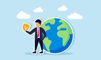 businessman holding a mask standing next to a globe, illustration of tricks in business to make it global or international vector