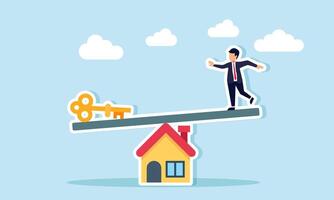 A board sits atop a house like a seesaw with a businessman on one end and a key on the other, illustration of a solution to balance business property assets vector