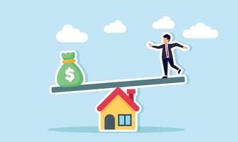 A board sits atop a house like a seesaw with a businessman on one end and a money bag on the other, illustration of balancing finances and business property assets vector