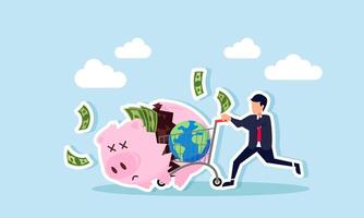 businessman pushing a shopping cart carrying a globe crashing into a piggy bank, illustration of following global business trends at the expense of financial stability vector