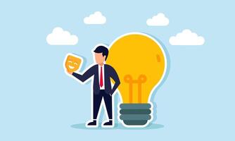 businessman holding a mask standing next to a lamp, illustration of tricks for generating business ideas and innovation vector