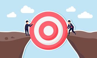 two businessmen standing at opposite ends of a cliff lifting a giant target board together, illustration of a joint venture to accomplish major business goals collaboratively vector