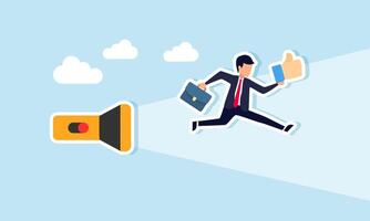 businessman holding a thumbs-up sign and running towards the light from a flashlight, illustration of finding support and solutions to engage the target market vector