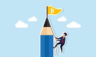 businessman climbing a pencil with a rope to reach the pencil top where a flag labeled bitcoin is, illustration of effort to collect bitcoin investment assets vector