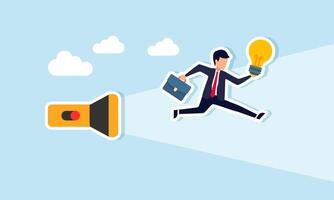 businessman carrying a lamp and running towards the light from a flashlight, illustration of finding support and solutions in gaining business ideas and innovation vector