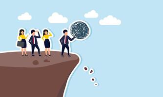 several businessmen watching a businessman holding something disorganized at the edge of a cliff, illustration of discarding complex business management for more effectiveness vector