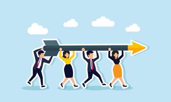several businessmen working together to lift a giant bow and arrow, illustration of teamwork in targeting a business project vector