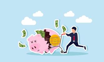 businessman pushing a shopping cart carrying bitcoin crashing into a piggy bank, illustration of buying or adding bitcoin assets at the expense of financial stability vector