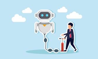 businessman pumping an AI robot like refueling, illustration of completing AI prompts as a database to make AI smarter in managing business vector