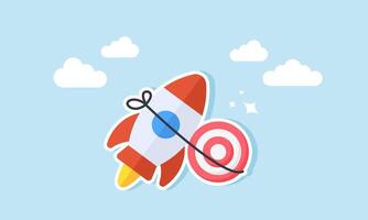 A target board tied with a rope to a rocket soaring into the sky, illustration of boosting business performance in achieving targets vector