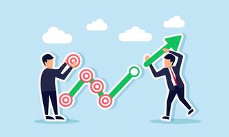 Businessmen collaborate to arrange a rising green chart marked with a target board, illustration of teamwork to boost business performance in achieving goals vector