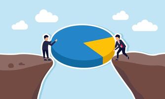two businessmen standing at opposite ends of a cliff lifting a giant pie chart together, illustration of a joint venture dividing business profit based on share percentages vector