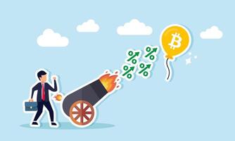 A businessman stands beside a cannon firing percentage bullets targeting a balloon labeled Bitcoin, illustration of targeting Bitcoin valuation at halving or low valuation vector