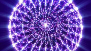 Abstract glowing sphere, energy ball shines brightly with rays of light, magic waves from particles and dots, abstract atomic science background video