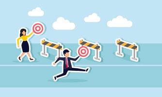 businessman and businesswoman each carrying a target board racing with different obstacles, illustration of business competition in achieving targets with various business challenges vector