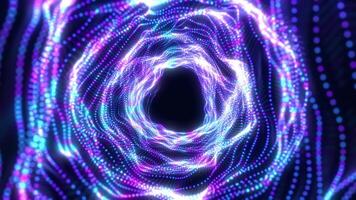Digital futuristic particle tunnel with wave energy or travel through time and save at high speed while moving in bright neon lines. High-tech corridor, warp speed, warm hole video