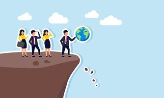 several businessmen watching a businessman holding a globe at the edge of a cliff, illustration of a business model endangering the world's sustainability by harming nature vector