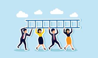 several businessmen working together to lift a ladder, illustration of teamwork in improving company performance vector