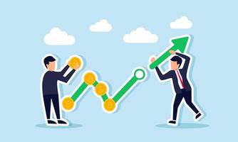 Businessmen collaborate to arrange a rising green chart with a bitcoin symbol, illustration of teamwork in boosting bitcoin valuation and asset growth vector