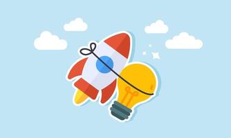 A light bulb tied with a rope to a rocket soaring into the sky, illustration of boosting business performance through ideas and innovation vector