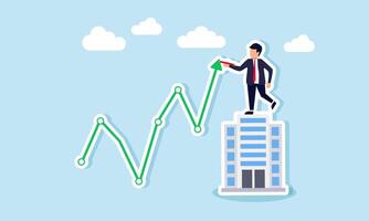 businessman climbing a business office building and drawing a rising green chart with a pencil, illustration of improving business performance and revenue growth vector