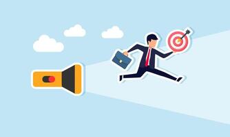 businessman carrying a target board and running towards the light from a flashlight, illustration of finding support and solutions in achieving business targets vector