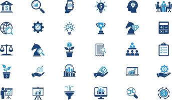Set of 30 Business Strategy Icons depicting various business-related concepts, including finance, management, growth, strategy, and analysis. vector