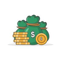 Coins in sack and pile of coins. Illustration of the concept of business and finance, investment and saving. Designed in a simple flat cartoon style, isolated on a white background. vector