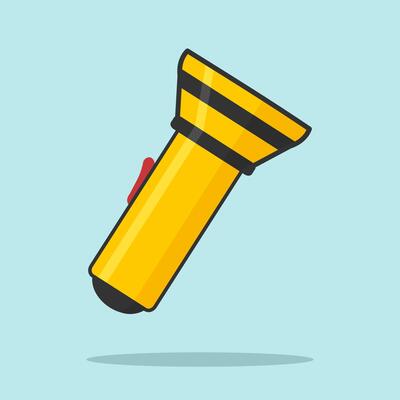 Single yellow flashlight illustration icon designed in flat cartoon style. Emergency lights.