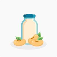 illustration of a bottle of soy milk with soybeans beside it and leaves, isolated on a white background. Icon of a bottle of soy milk. Glycine max. vector