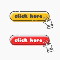 Click here web button with hand cursor designed in cartoon flat style. Computer mouse click cursor or hand pointing symbol. Click button. vector