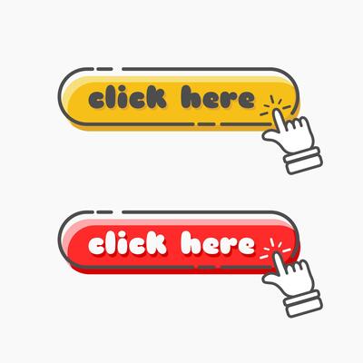 Click here web button with hand cursor designed in cartoon flat style. Computer mouse click cursor or hand pointing symbol. Click button.