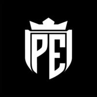 PE Letter logo shield shape inside shield badge crown on black background template design vector
