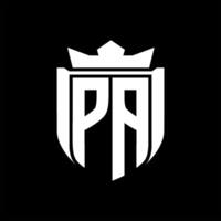 PA Letter logo shield shape inside shield badge crown on black background template design vector