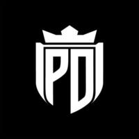 PD Letter logo shield shape inside shield badge crown on black background template design vector