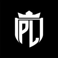 PL Letter logo shield shape inside shield badge crown on black background template design vector