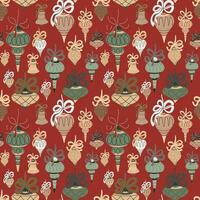 A festive Christmas pattern with various hand-drawn toys on a red background. Perfect for holiday designs. vector