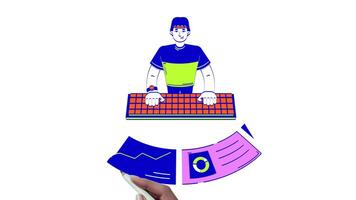 Data analytics business reports hand drawn whiteboard animation. Key performance indicators analysis 4K . Computer analyst typing keyboard animated doodle handdrawn concept pencil drawing video