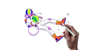 Helmet astronaut floating in space hand drawn whiteboard animation. Spaceman universe exploration 4K . Cosmonaut surrounded by cosmic planets animated doodle handdrawn concept pencil drawing video