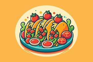 Tomato Tacos With Meat and Vegetables on a Plate. vector