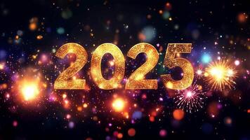 New year background with text 2025 glowing golden numbers on a dark, colorful bokeh lights background, with shiny, colorful particles and glitter on a black background. video