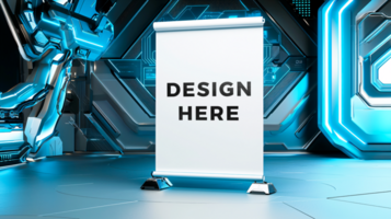Roll up banner mockup displayed in tech expo for branding and marketing psd
