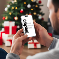 Phone Display in Festive Setting with Tree and Presents psd