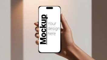 Phone Mockup with Womans Hand on Elegant LightColored Backdrop psd