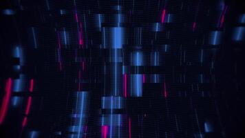 Technology background with flashing blue and red neon digital data lights and glitch effect. Computer hacking or network security concept. Sleek high-tech futuristic animation. video