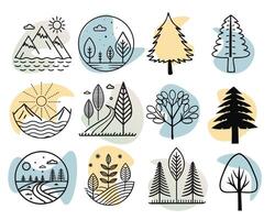 Flat Minimalist Tree and Mountain Nature Icon Set vector