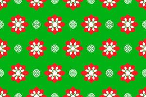 Abstract Ikat red and white floral damask with white snowflake shape seamless pattern on green wallpaper and background. Christmas and new year concept vector