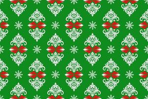 Abstract Ikat red and white floral damask with white snowflake and starburst shape seamless pattern on green wallpaper and background. Christmas and new year concept vector