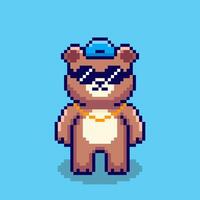Pixel art Cool Bear with Cap and Sunglasses game asset design vector