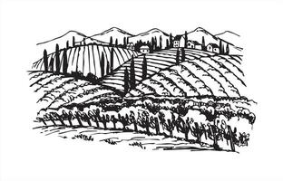 a drawing of a landscape with mountains and trees. vector